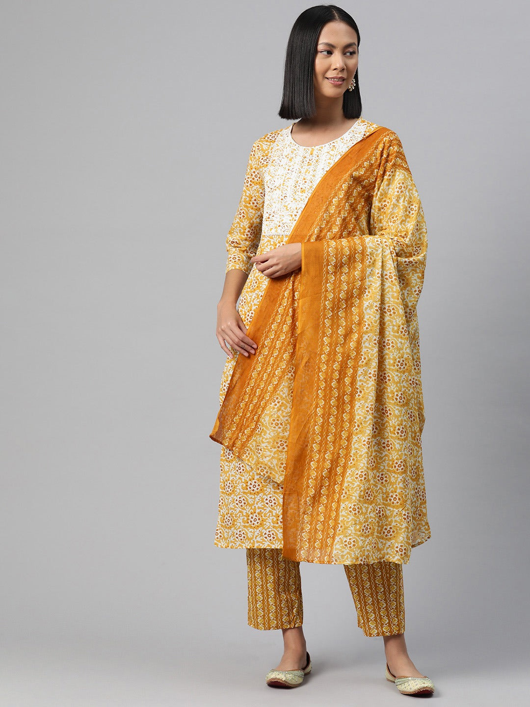 Straight Style Cotton Fabric Yellow Color Kurta And Bottom With Dupatta