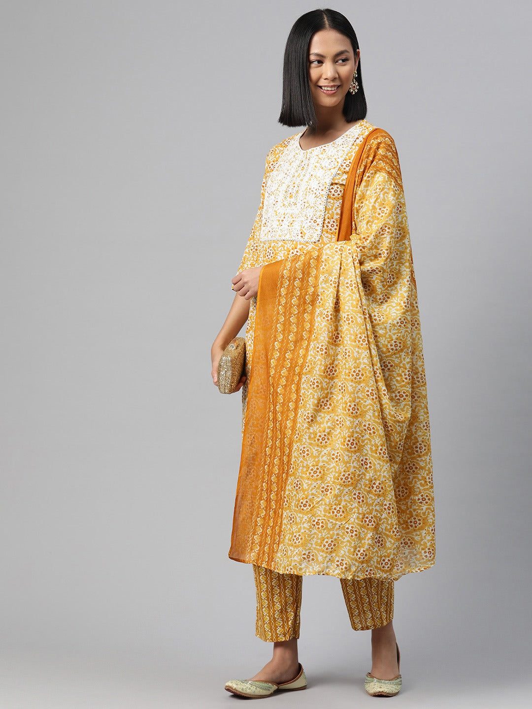 Straight Style Cotton Fabric Yellow Color Kurta And Bottom With Dupatta