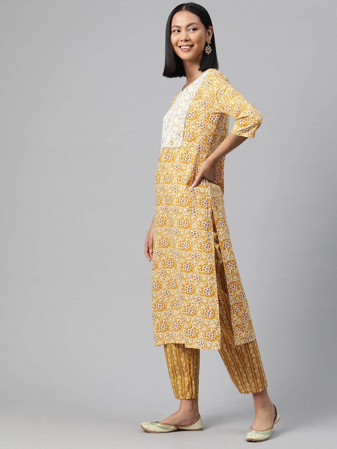 Straight Style Cotton Fabric Yellow Color Kurta And Bottom With Dupatta