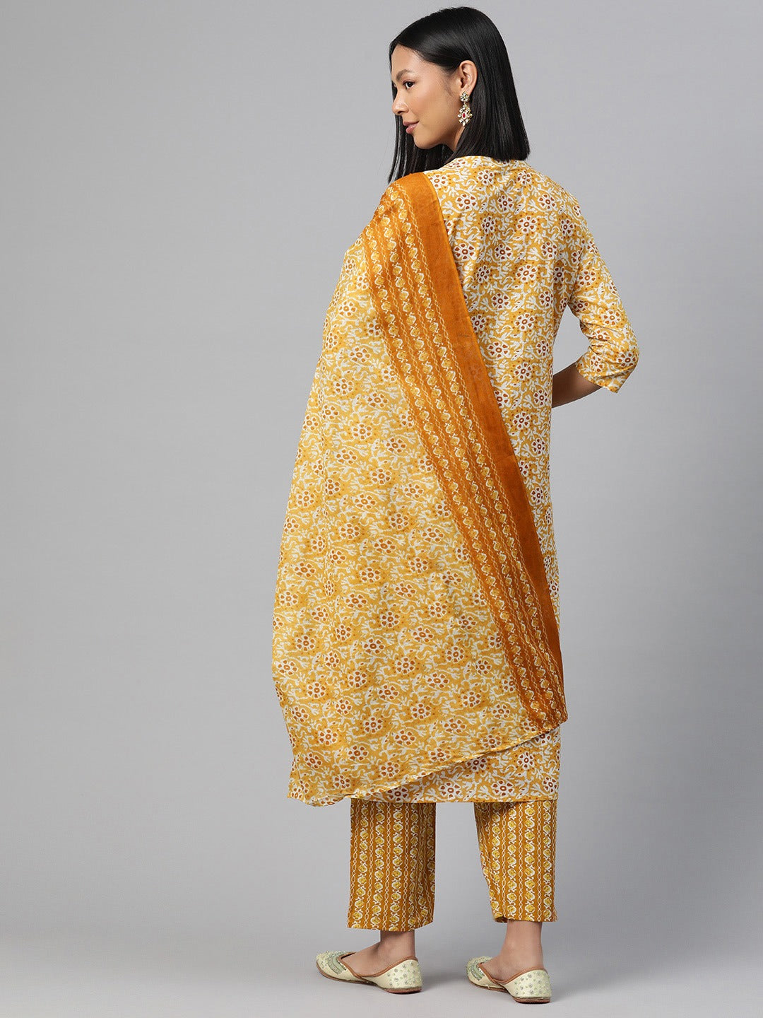 Straight Style Cotton Fabric Yellow Color Kurta And Bottom With Dupatta