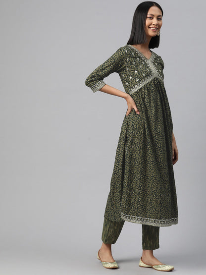 Anarkali Style Cotton Fabric Green Color Kurta And Bottom With Dupatta