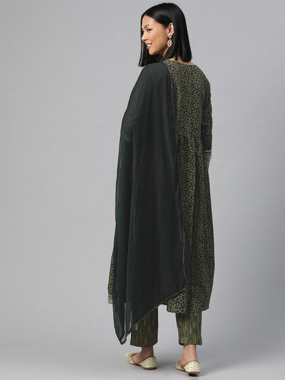 Anarkali Style Cotton Fabric Green Color Kurta And Bottom With Dupatta