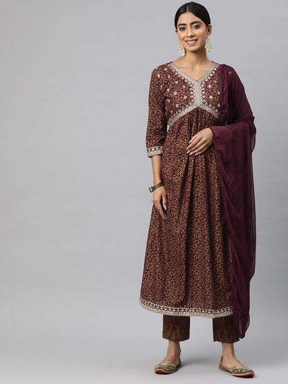 Anarkali Style Cotton Fabric Maroon Color Kurta And Bottom With Dupatta