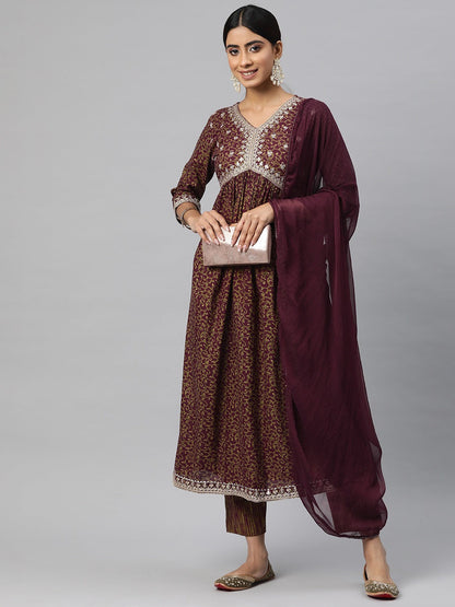 Anarkali Style Cotton Fabric Maroon Color Kurta And Bottom With Dupatta