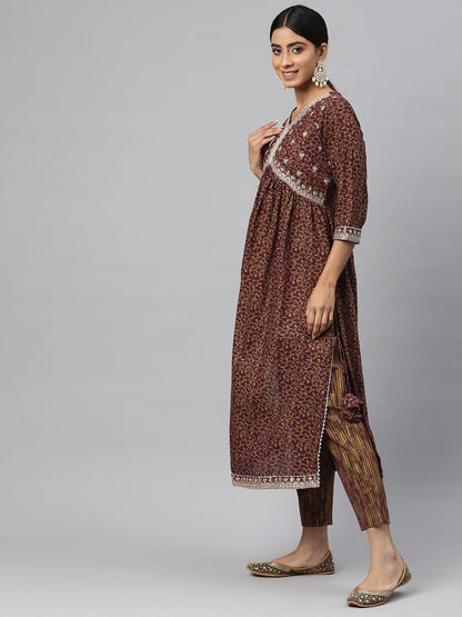 Anarkali Style Cotton Fabric Maroon Color Kurta And Bottom With Dupatta