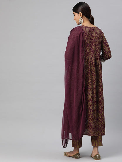 Anarkali Style Cotton Fabric Maroon Color Kurta And Bottom With Dupatta