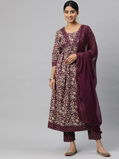 Anarkali Style Cotton Fabric Burgundy Color Kurta And Bottom With Dupatta