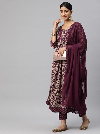 Anarkali Style Cotton Fabric Burgundy Color Kurta And Bottom With Dupatta