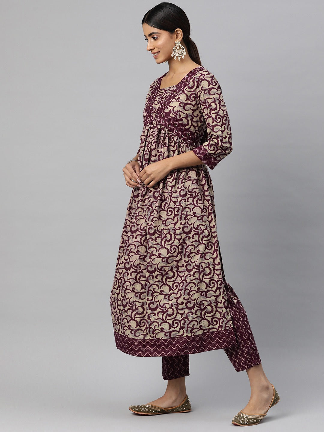 Anarkali Style Cotton Fabric Burgundy Color Kurta And Bottom With Dupatta