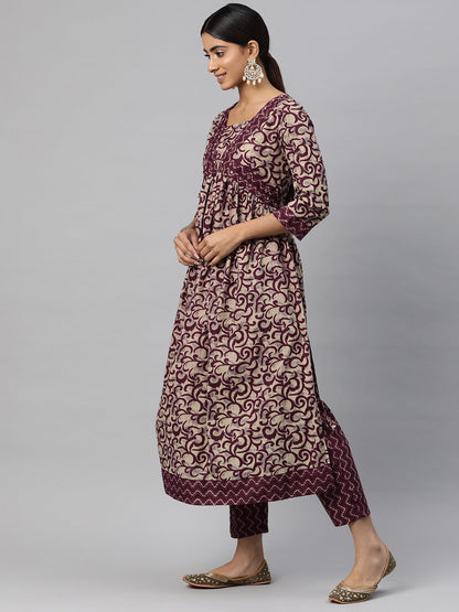 Anarkali Style Cotton Fabric Burgundy Color Kurta And Bottom With Dupatta