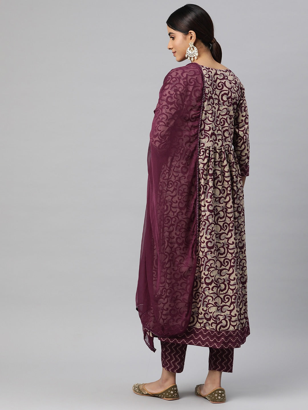 Anarkali Style Cotton Fabric Burgundy Color Kurta And Bottom With Dupatta