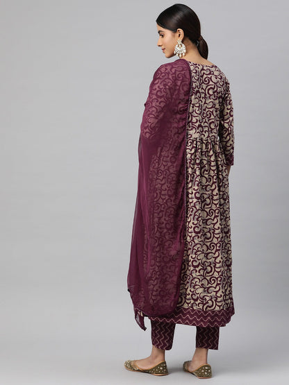 Anarkali Style Cotton Fabric Burgundy Color Kurta And Bottom With Dupatta