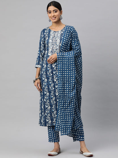 Straight Style Cotton Fabric Blue Color Kurta And Bottom With Dupatta