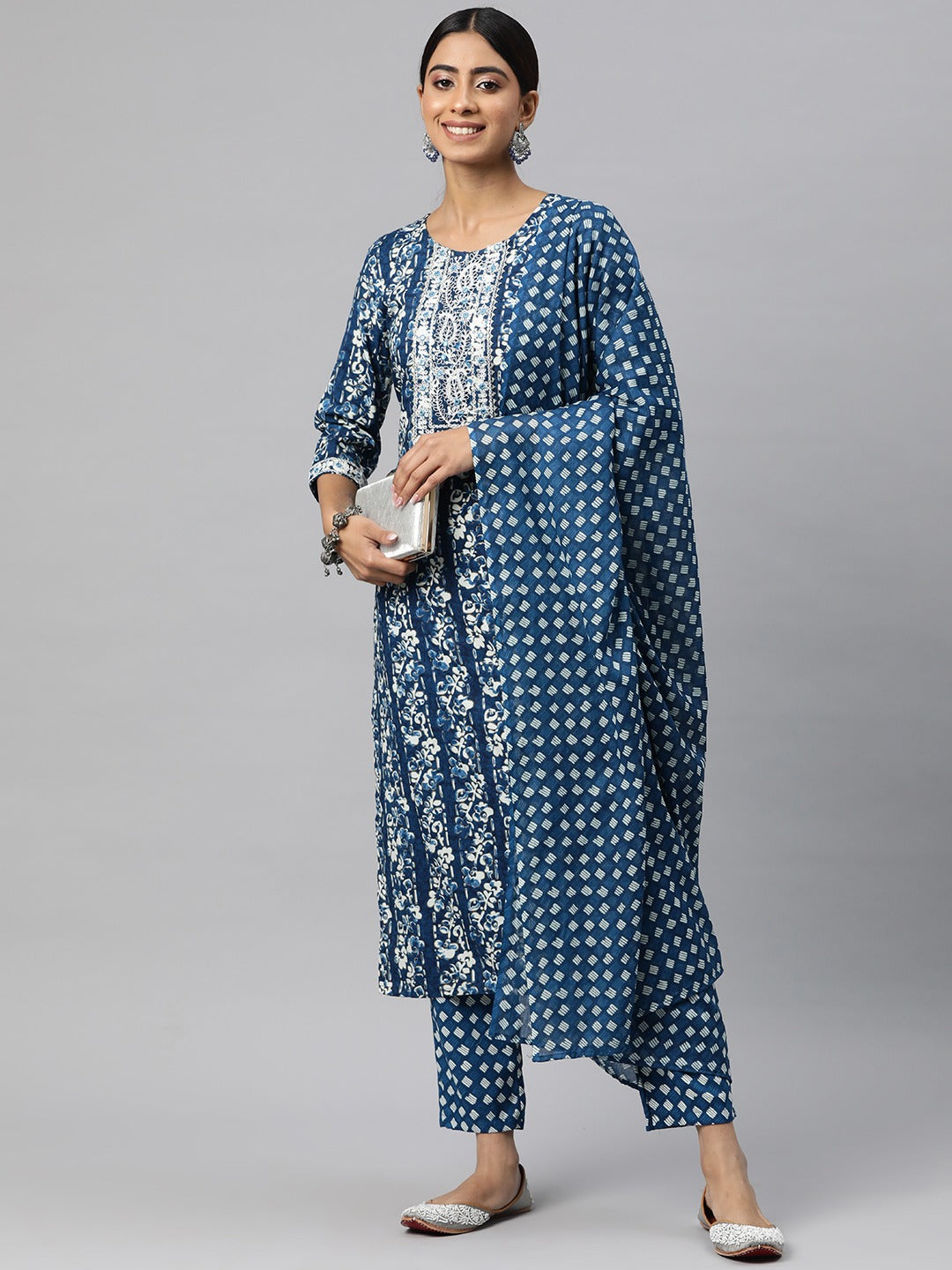 Straight Style Cotton Fabric Blue Color Kurta And Bottom With Dupatta