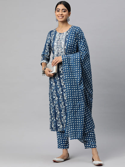 Straight Style Cotton Fabric Blue Color Kurta And Bottom With Dupatta