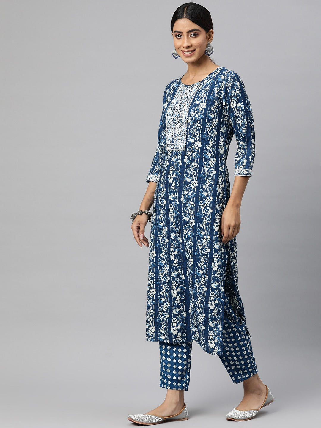 Straight Style Cotton Fabric Blue Color Kurta And Bottom With Dupatta