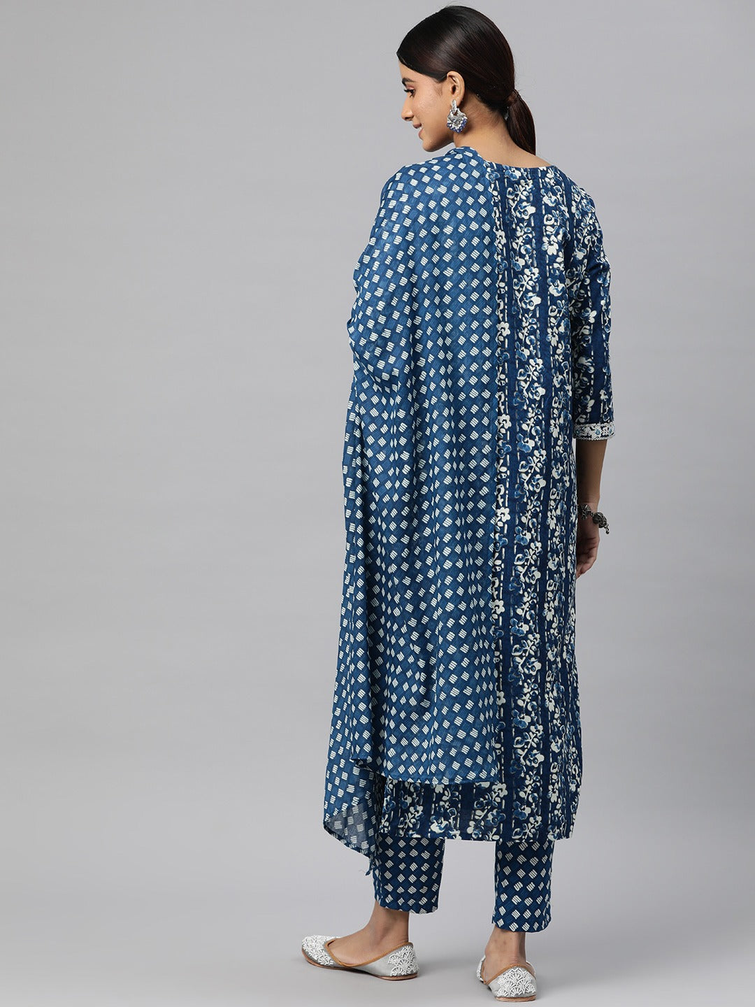 Straight Style Cotton Fabric Blue Color Kurta And Bottom With Dupatta