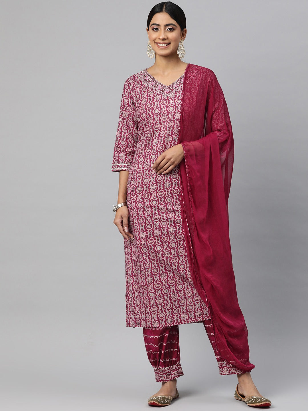 Straight Style Cotton Fabric Burgundy Color Kurta And Bottom With Dupatta
