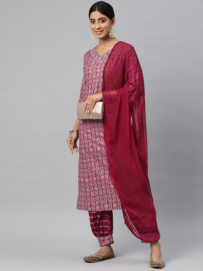 Straight Style Cotton Fabric Burgundy Color Kurta And Bottom With Dupatta