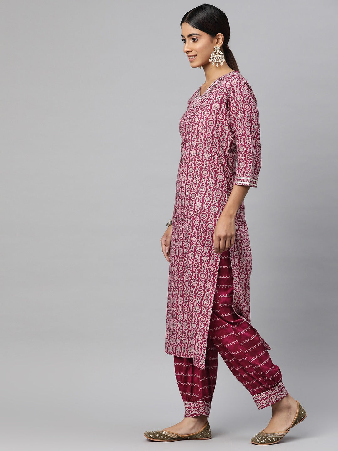 Straight Style Cotton Fabric Burgundy Color Kurta And Bottom With Dupatta