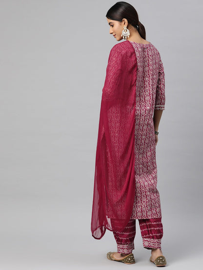 Straight Style Cotton Fabric Burgundy Color Kurta And Bottom With Dupatta