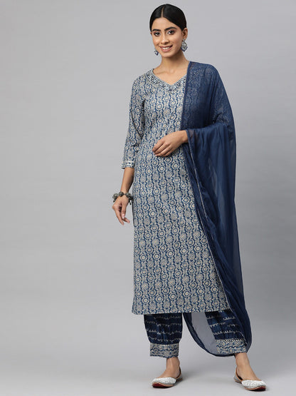 Straight Style Cotton Fabric Blue Color Kurta And Bottom With Dupatta
