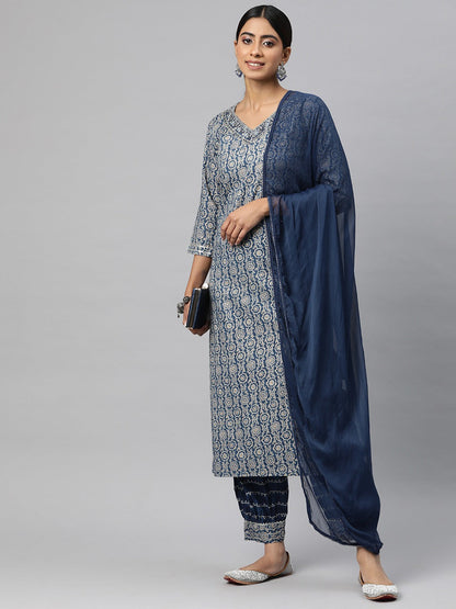 Straight Style Cotton Fabric Blue Color Kurta And Bottom With Dupatta