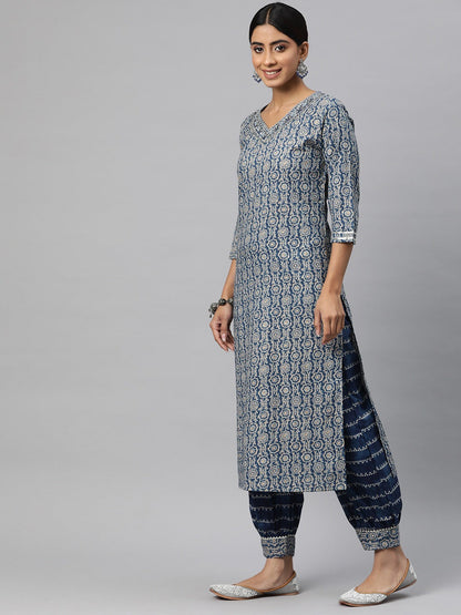 Straight Style Cotton Fabric Blue Color Kurta And Bottom With Dupatta