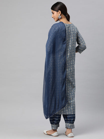Straight Style Cotton Fabric Blue Color Kurta And Bottom With Dupatta