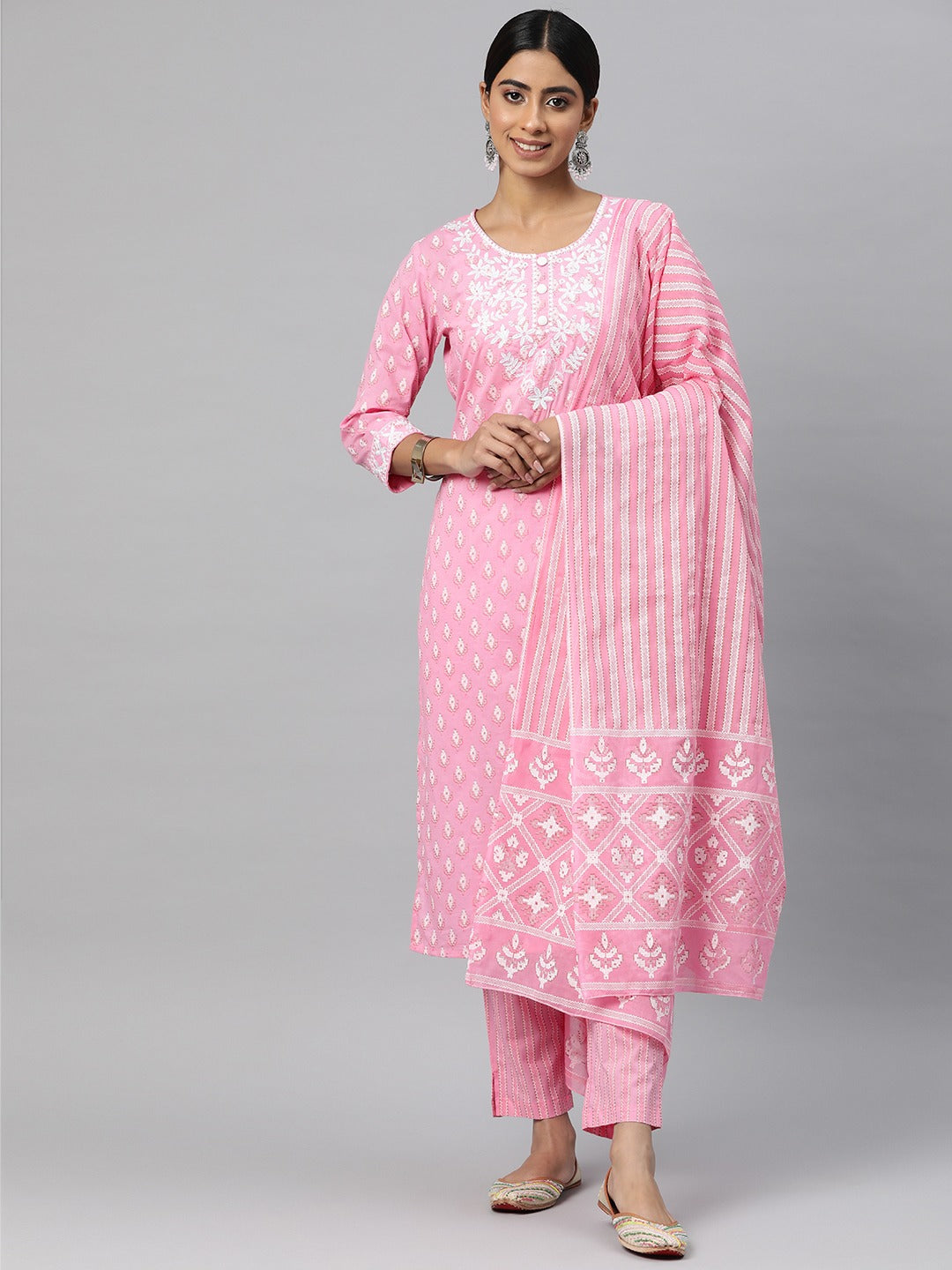 Straight Style Cotton Fabric Pink Color Kurta And Bottom With Dupatta