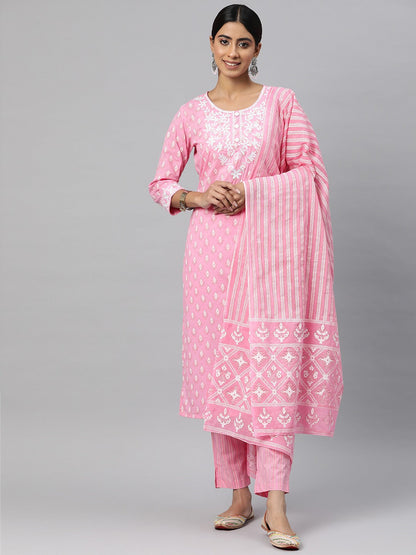 Straight Style Cotton Fabric Pink Color Kurta And Bottom With Dupatta