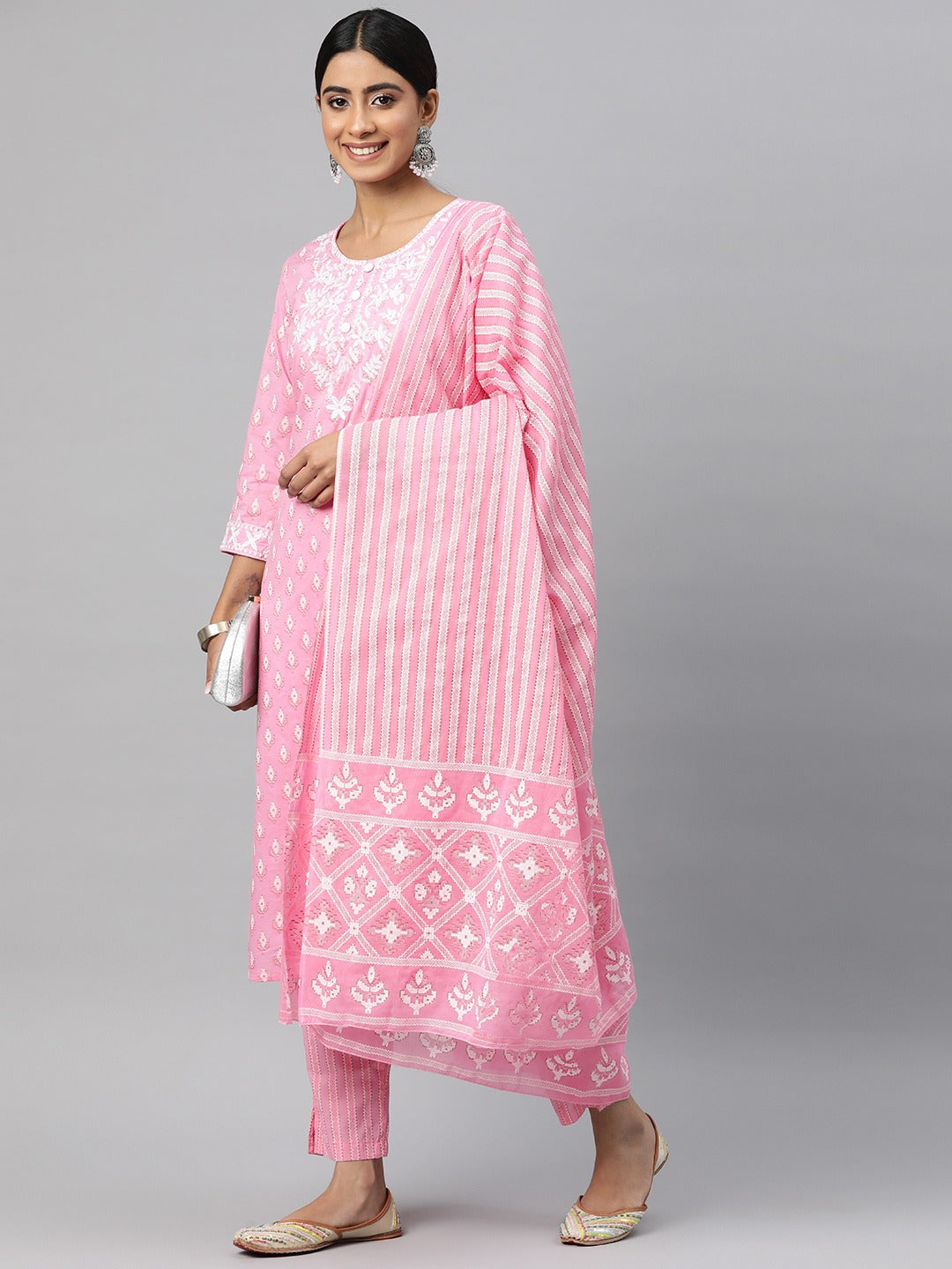 Straight Style Cotton Fabric Pink Color Kurta And Bottom With Dupatta