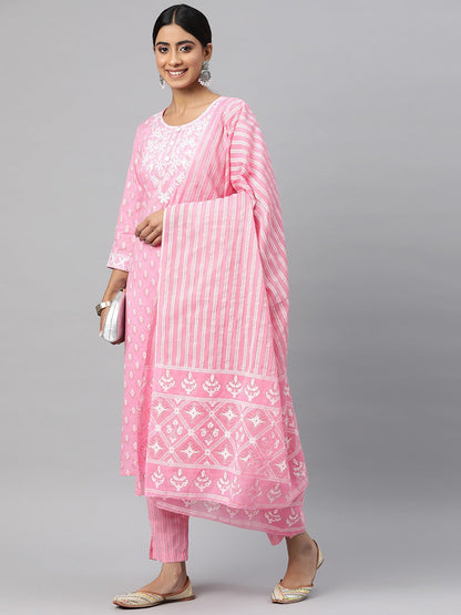 Straight Style Cotton Fabric Pink Color Kurta And Bottom With Dupatta