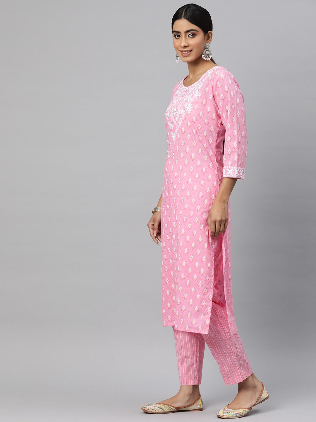 Straight Style Cotton Fabric Pink Color Kurta And Bottom With Dupatta