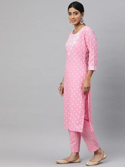 Straight Style Cotton Fabric Pink Color Kurta And Bottom With Dupatta