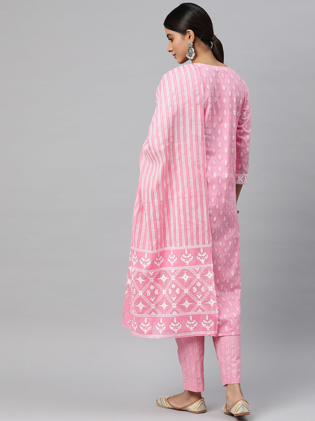 Straight Style Cotton Fabric Pink Color Kurta And Bottom With Dupatta
