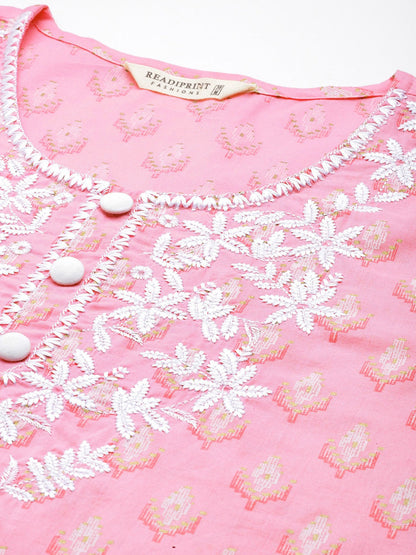 Straight Style Cotton Fabric Pink Color Kurta And Bottom With Dupatta
