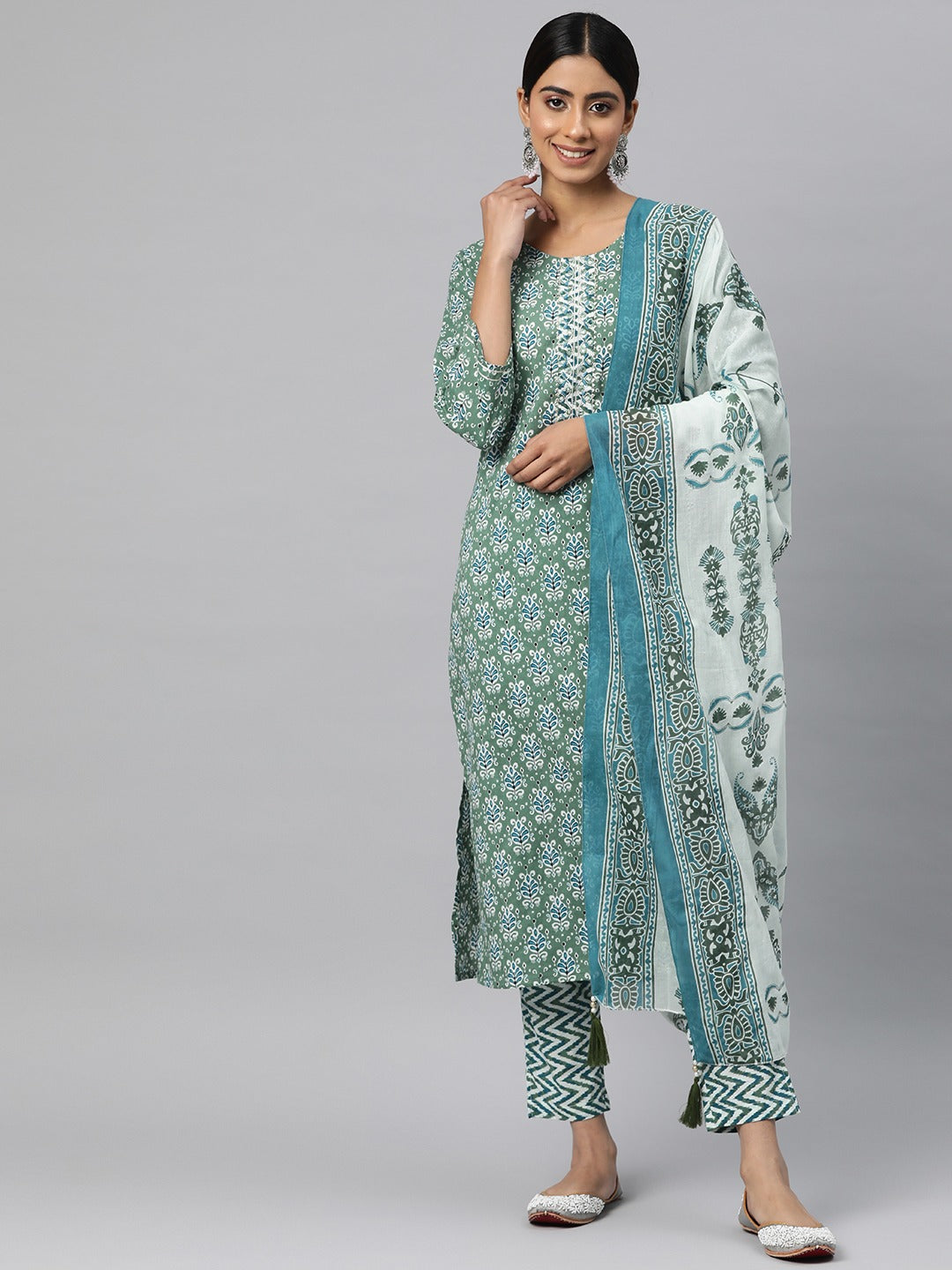 Straight Style Cotton Fabric Green Color Kurta And Bottom With Dupatta