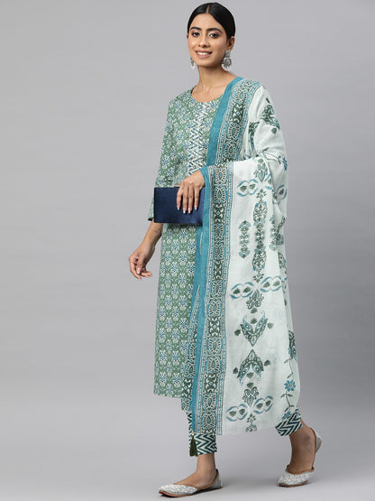 Straight Style Cotton Fabric Green Color Kurta And Bottom With Dupatta