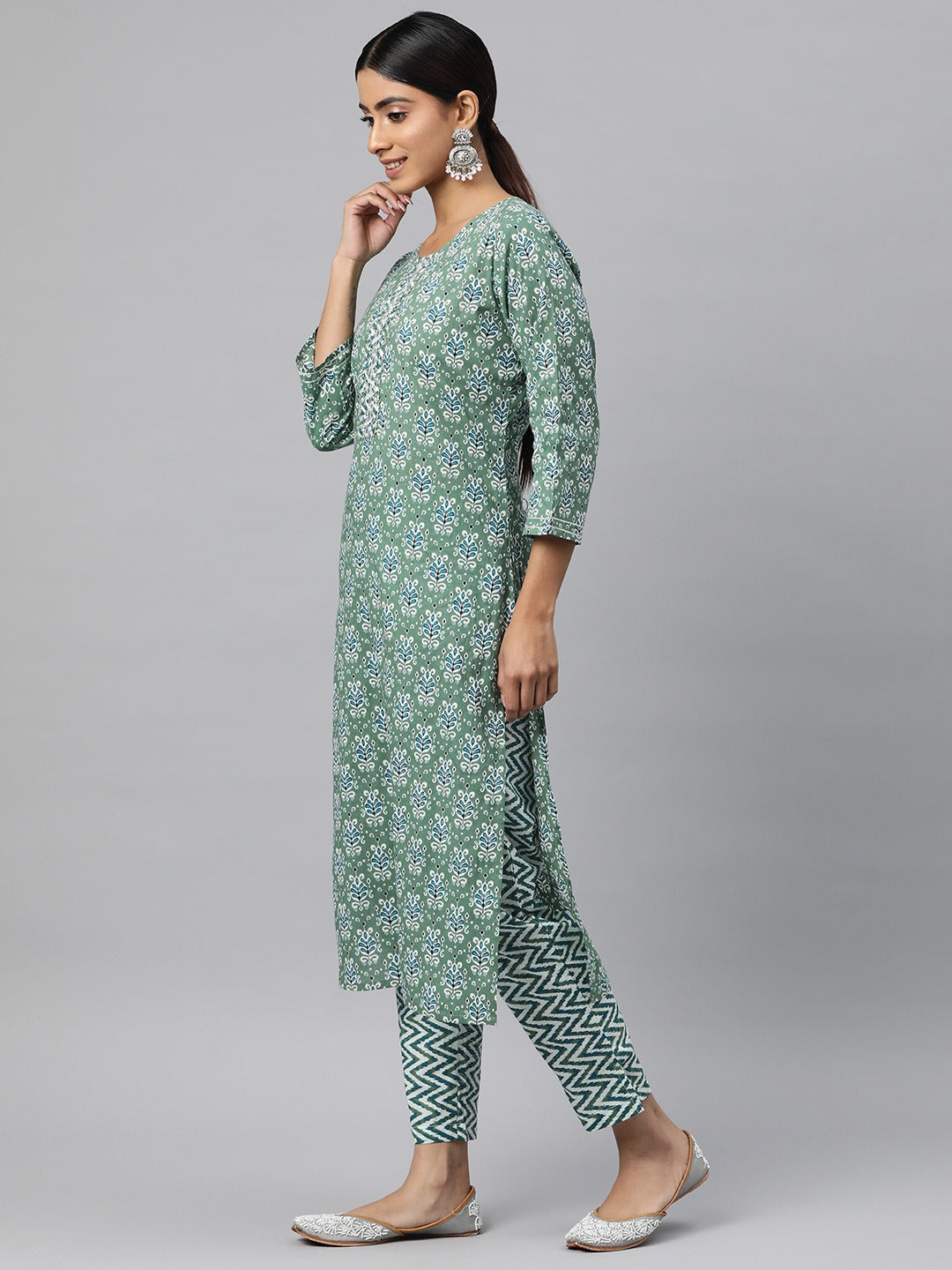 Straight Style Cotton Fabric Green Color Kurta And Bottom With Dupatta