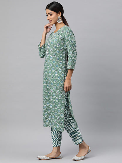 Straight Style Cotton Fabric Green Color Kurta And Bottom With Dupatta