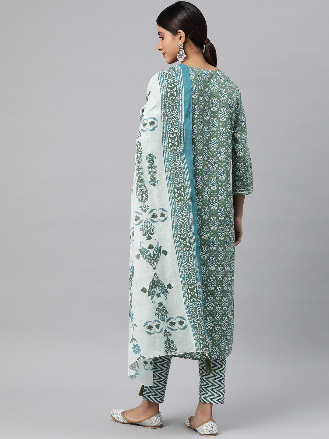Straight Style Cotton Fabric Green Color Kurta And Bottom With Dupatta