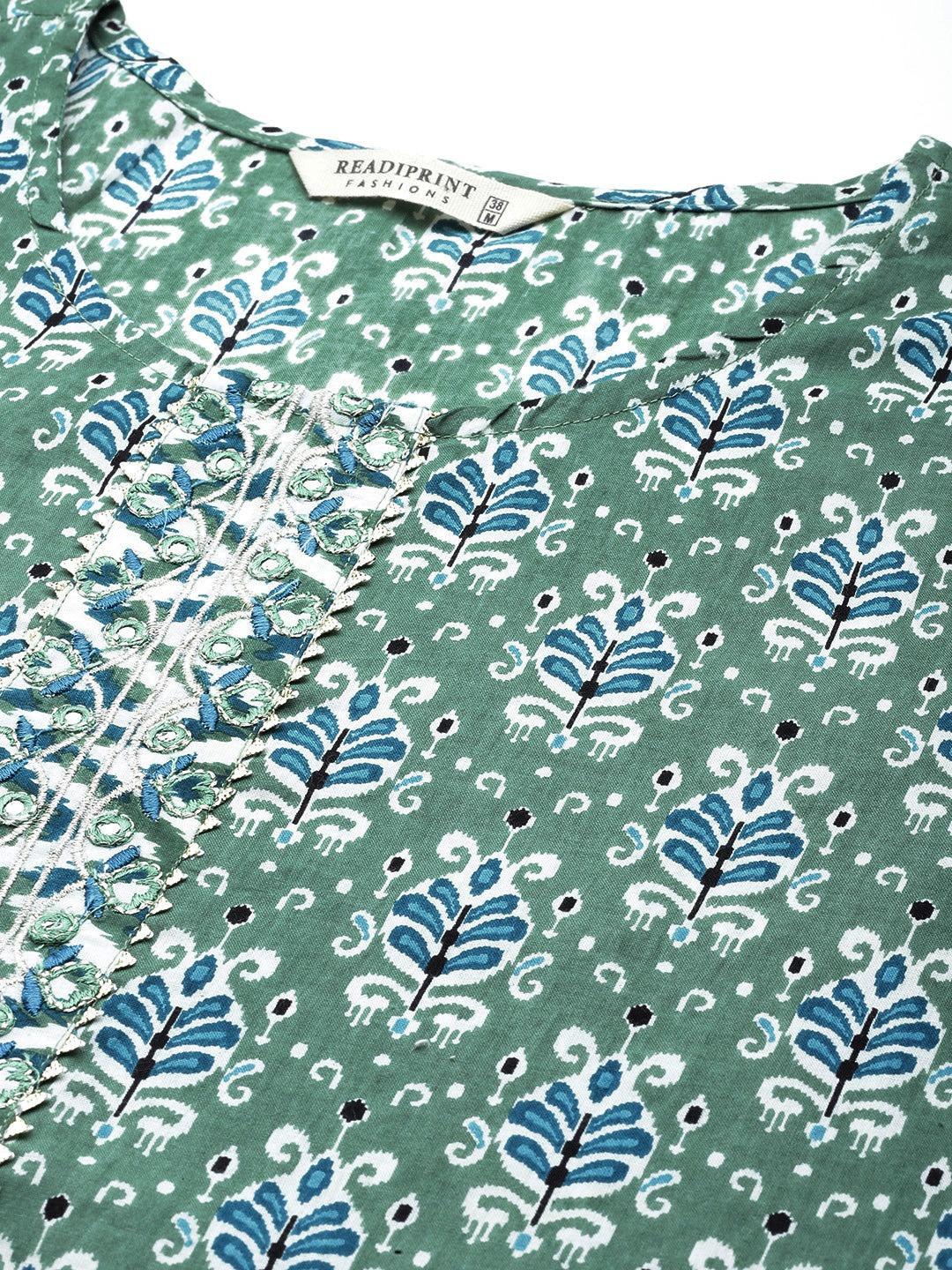 Straight Style Cotton Fabric Green Color Kurta And Bottom With Dupatta