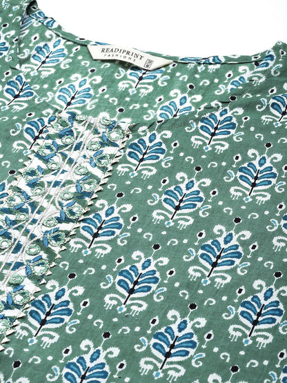 Straight Style Cotton Fabric Green Color Kurta And Bottom With Dupatta