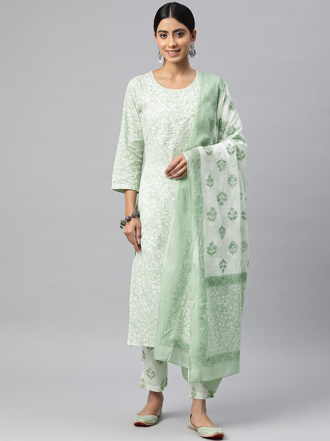 Straight Style Cotton Fabric Green Color Kurta And Bottom With Dupatta