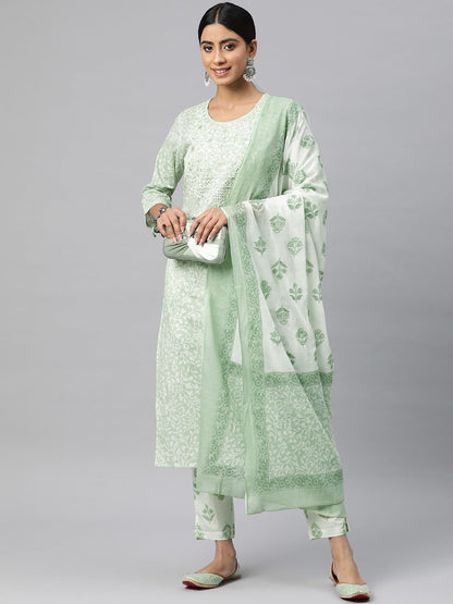 Straight Style Cotton Fabric Green Color Kurta And Bottom With Dupatta