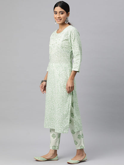 Straight Style Cotton Fabric Green Color Kurta And Bottom With Dupatta