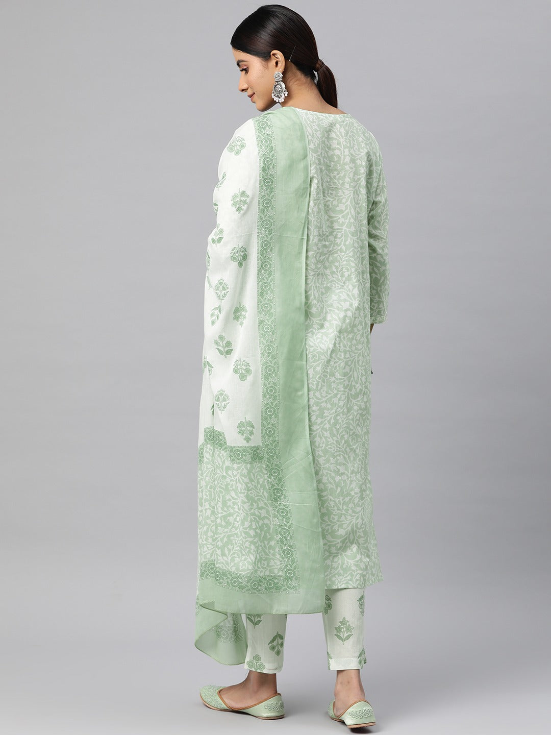 Straight Style Cotton Fabric Green Color Kurta And Bottom With Dupatta