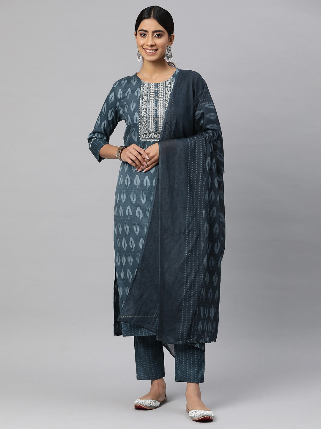 Straight Style Cotton Fabric Grey Color Kurta And Bottom With Dupatta