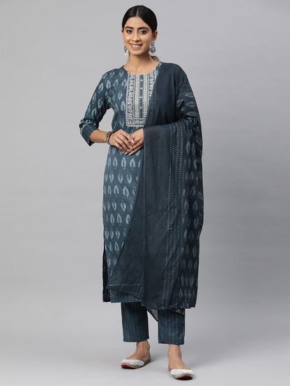 Straight Style Cotton Fabric Grey Color Kurta And Bottom With Dupatta